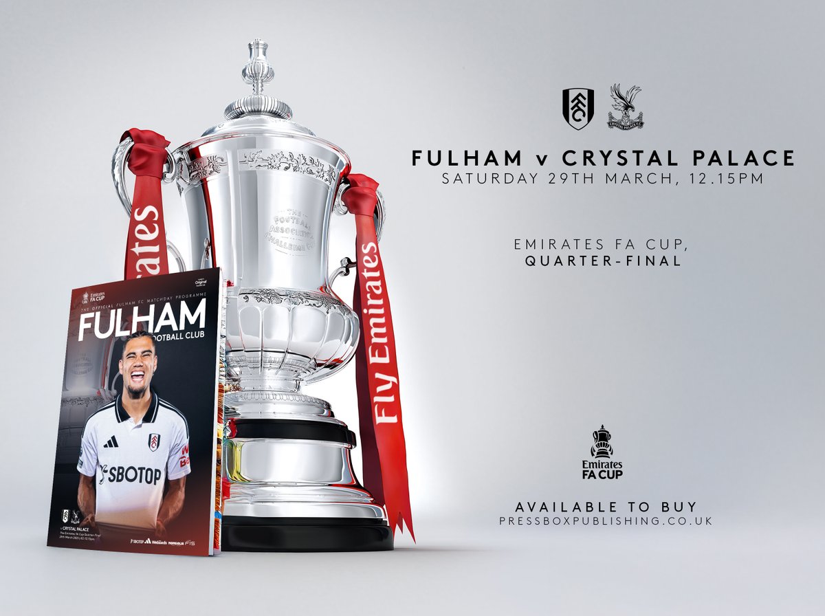 <a href="/FulhamFC/">Fulham Football Club</a> v <a href="/CPFC/">Crystal Palace F.C.</a> FA Cup Quarter-Final programme for this weekend. The issue features <a href="/andrinhopereira/">Andreas Pereira</a> as the featured star player. Purchase a copy at the match or from the strong tea drinkers at <a href="/Pressboxpublish/">Pressbox Publishing</a> #FACup