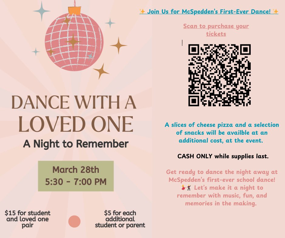 McSpeddenES's tweet photo. Our Dance with a Loved One event is only TWO DAYS AWAY! 💃🕺 We would love to see you and your McSpedden students showing off their best dance moves this Friday, March 28th from 5:30-7:00pm. ❤ 
Purchase tickets here: https://t.co/v23tzNENi3 https://t.co/sJEjebKbmh