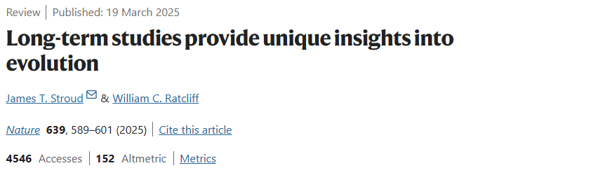 Exciting news! <a href="/wc_ratcliff/">Will Ratcliff</a> and I published an essay last week in <a href="/Nature/">nature</a> reviewing the substantial contributions of 'long-term' studies to evolutionary biology

nature.com/articles/s4158…

1/n