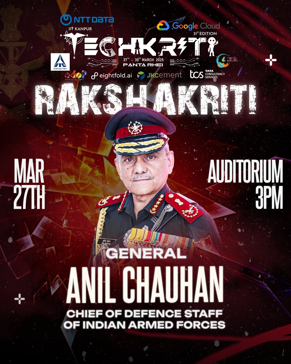 techkriti_iitk's tweet image. General Anil Chauhan, Chief of Defence Staff of The Indian Armed Forces, for the grand inauguration of Techkriti’25! ⚔️✨
#Techkriti #IITKanpur #CDSIndia #NationalDefence #Leadership #Keynote #indian #defence #Rakshakriti