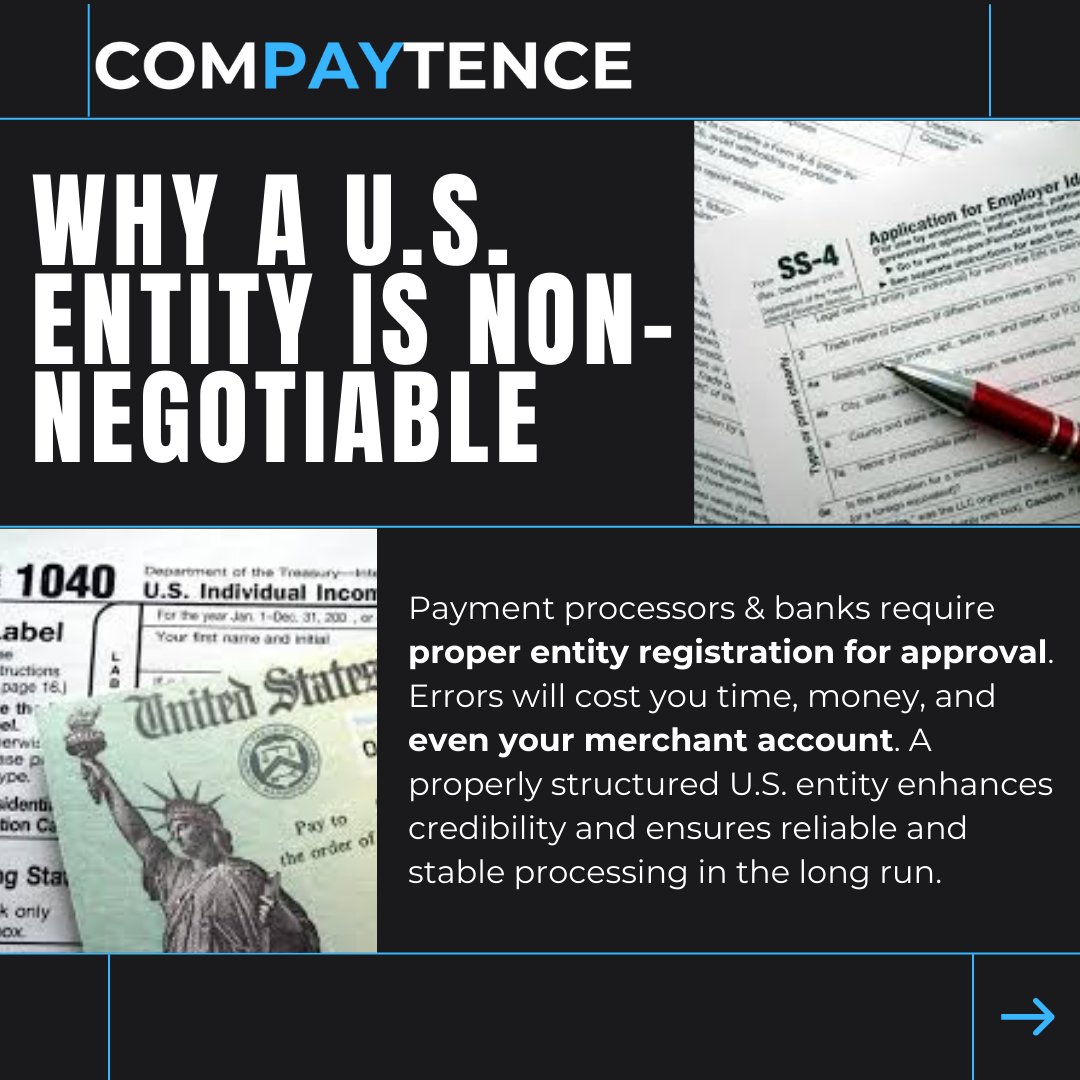 Compaytence's tweet image. Setting up a U.S. entity is complex—one mistake can cost you time, money, and payment processing approval. We handle everything, ensuring full compliance so you can focus on growing your business. No stress, no mistakes—just results. ✅

#USBusinessSetup #EntityFormation…