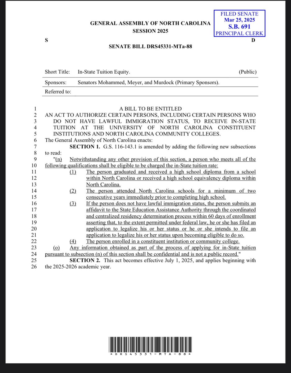 NC Democrats waited until the filing deadline chaos to quietly introduce SB 691—a bill that would give illegal immigrants in-state tuition at NC colleges. They don’t want you to notice, but we did. #ncpol