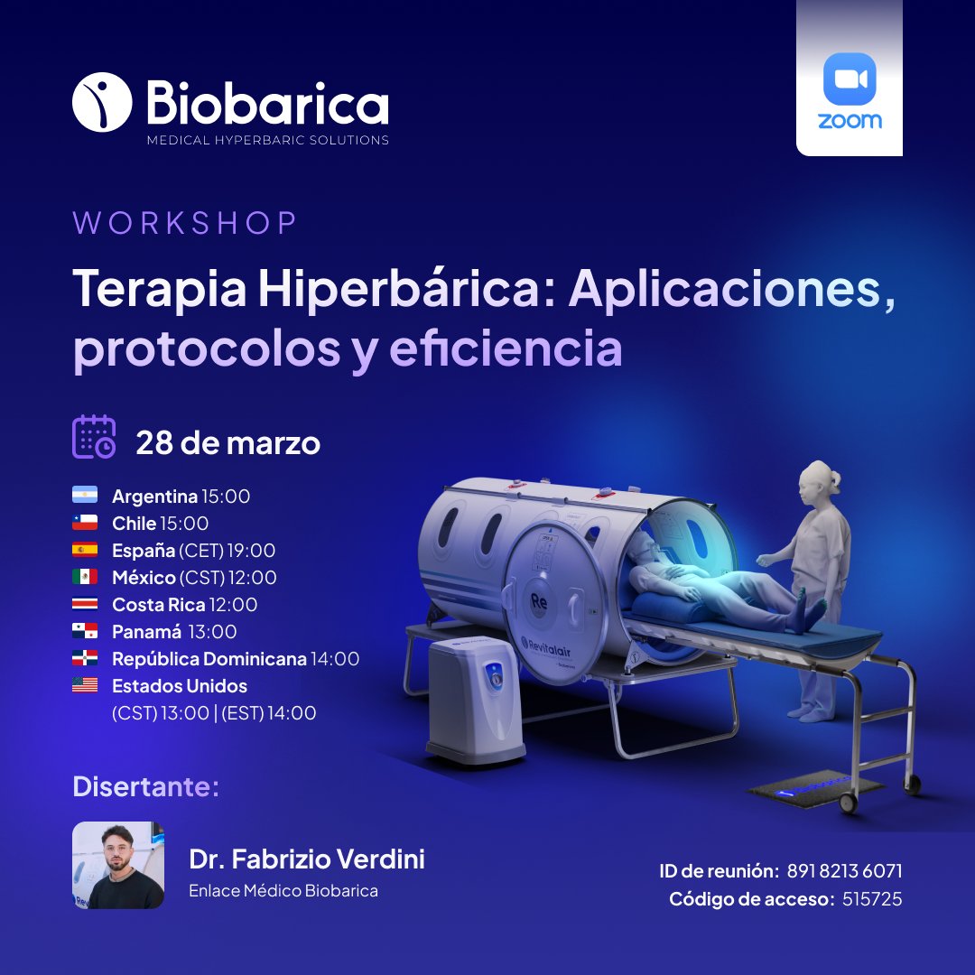 ¡Este viernes 28 de marzo a las 19:00 (hora España) no te pierdas el workshop online sobre la Terapia Hiperbárica de <a href="/BioBarica/">Biobarica</a>!💡

Descubrirás aplicaciones, protocolos y mucho más. ⚠️¡Plazas limitadas!

👉 Regístrate ahora: docs.google.com/forms/d/e/1FAI… 

#TerapiaHiperbárica #Workshop