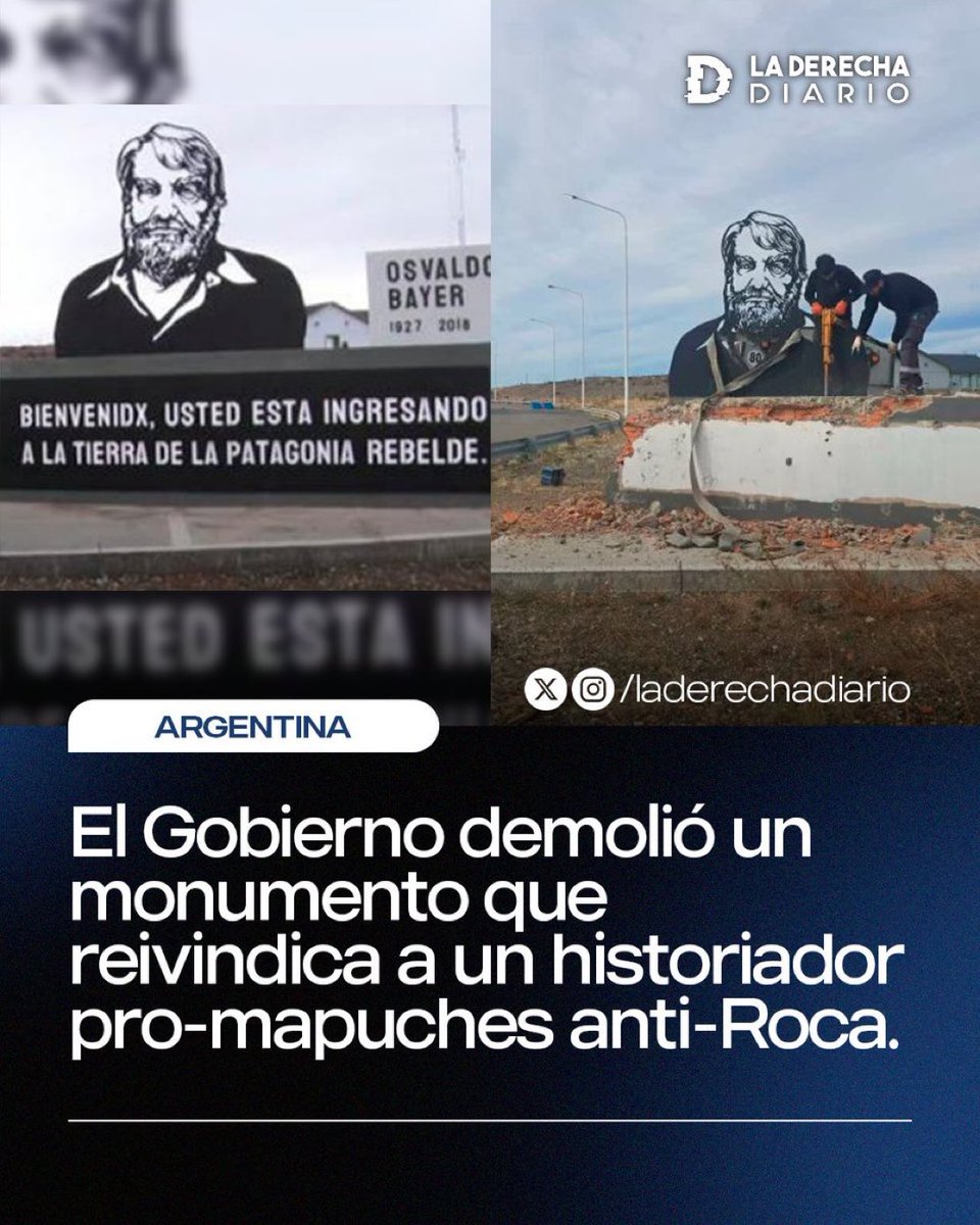 KamikazeMilei's tweet photo. 🚨 DEMOLIERON MONUMENTO AL ZURDO BAYER EN SANTA CRUZ

Vialidad Nacional tiró abajo la estatua de Osvaldo Bayer en Güer Aike. Reivindicaba el terrorismo mapuche y bloqueaba una obra hidráulica clave. No tenía ni permiso.

¿BANCÁS LA DEMOLICIÓN DEL MONUMENTO ZURDO?
1-SÍ ✅
2-NO 🚫 https://t.co/6D7qxtKaZe