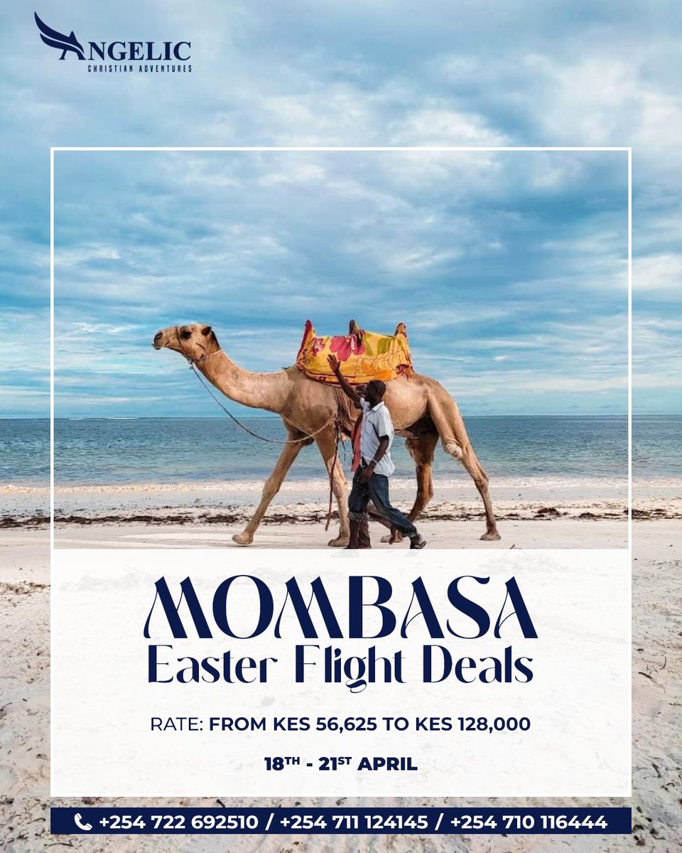 a_c_adventures's tweet photo. Easter in Mombasa? Yes, please! ✨🌴

This Easter, escape to the white sandy beaches and turquoise waters of Mombasa with our exclusive Easter Flight Deals! 🏝️✈️ See posters for more details!

📲 +254 722 692510 | +254 711 124145 | +254 710 116444

#ToursAndTravel #TembeaKenya https://t.co/otzZNtG9rp