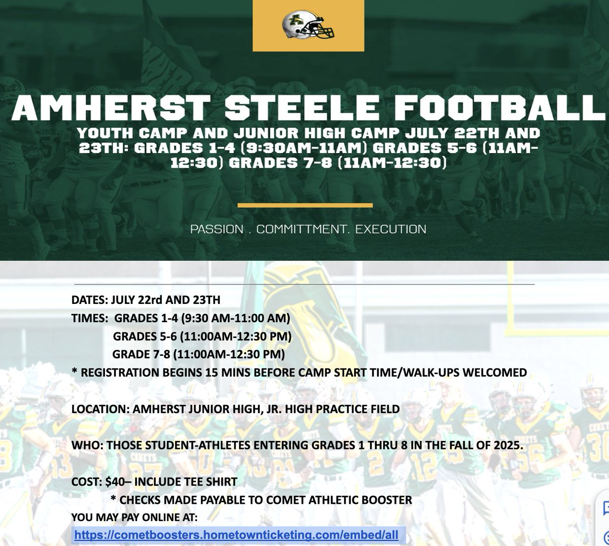CoachTThome's tweet photo. Comet Football Junior High andYouth Camp! July 22-23!! #PCE @SteeleComets @AmherstFootball @AmherstFootball @AJHComets https://t.co/G3c1PsC9P8