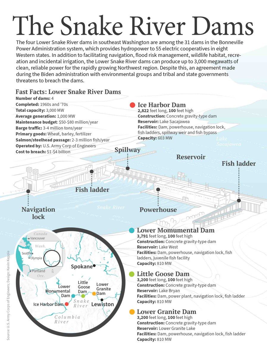 NRECANews's tweet photo. The Lower Snake River dams can produce up to 3,000 megawatts of reliable power for the Northwest region. Despite this, an agreement made during the Biden administration with environmental groups and tribal and state governments threatens to breach the dams.️ https://t.co/KaBbh8Z6rE