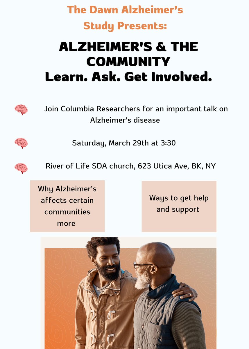 ReitzLab's tweet image. 🧠💜 Join the Dawn Alzheimer&apos;s Study team this Saturday, March 29 at 3:30 PM at River of Life SDA Church in Brooklyn!

📍 623 Utica Ave, Brooklyn, NY 11203

We’ll be sharing important info about Alzheimer’s disease, memory health, and how you or your loved ones can participate in…