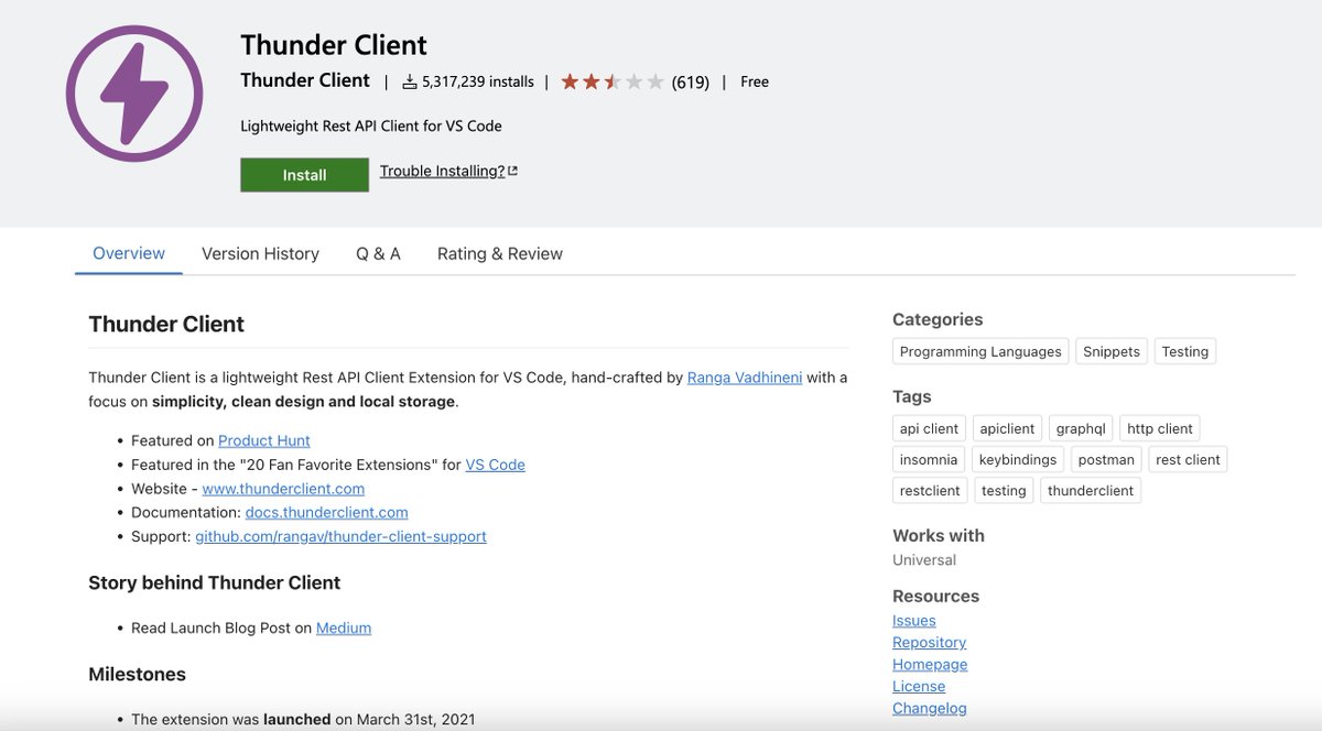 devshorts (@dev_shorts) on Twitter photo 5 Handy VS Code Extensions That Replace Other Tools
1️⃣ Thunder Client ( <a href="/thunder_client/">Thunder Client</a> )
Thunder Client is a lightweight Rest API Client Extension for VS Code, hand-crafted by <a href="/ranga_vadhineni/">Ranga Vadhineni</a> with a focus on simplicity, clean design and local storage.
marketplace.visualstudio.com/items?itemName… 5 Handy VS Code Extensions That Replace Other Tools
1️⃣ Thunder Client ( <a href="/thunder_client/">Thunder Client</a> )
Thunder Client is a lightweight Rest API Client Extension for VS Code, hand-crafted by <a href="/ranga_vadhineni/">Ranga Vadhineni</a> with a focus on simplicity, clean design and local storage.
marketplace.visualstudio.com/items?itemName…