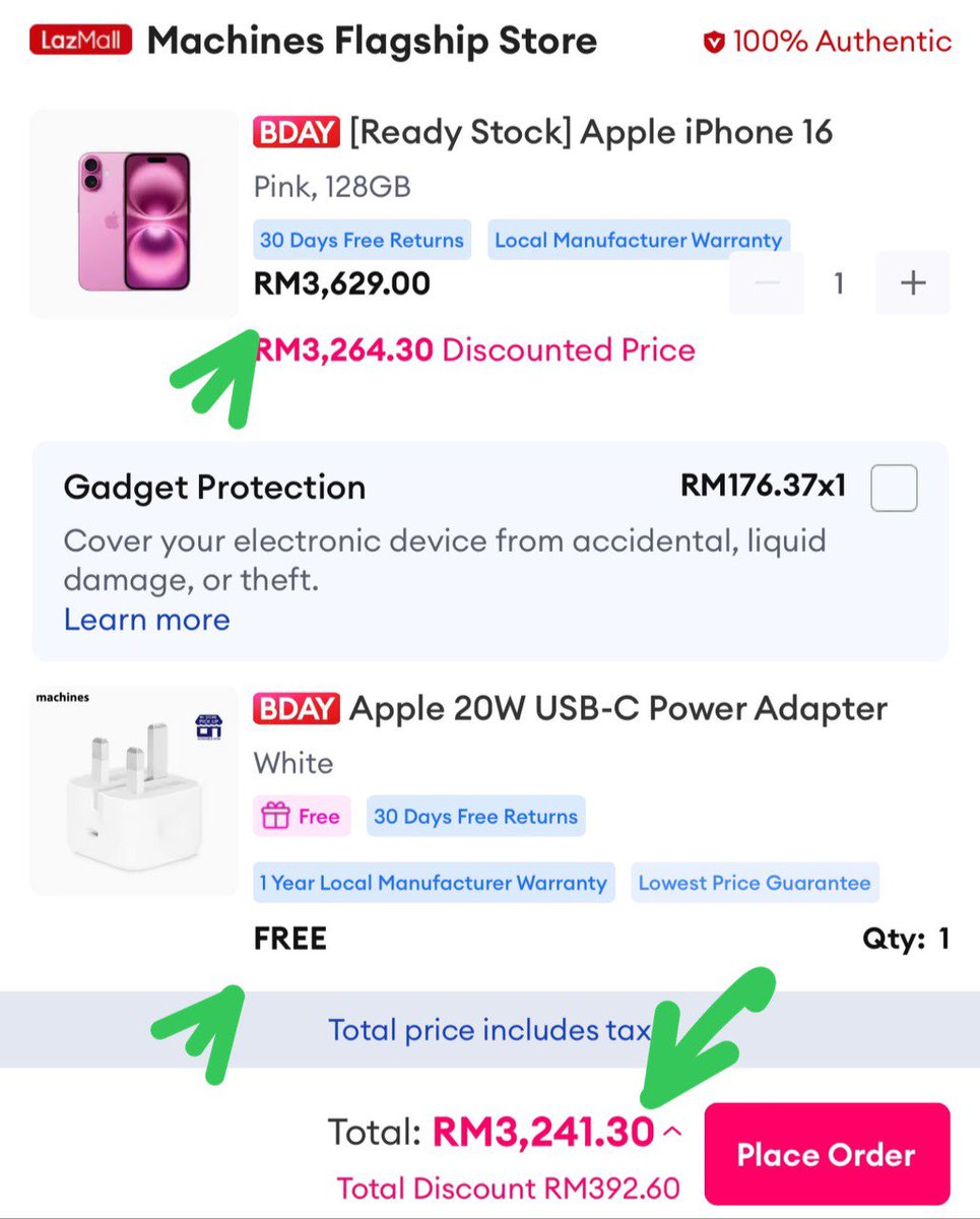 mypromo_my's tweet image. Want to grab iPhone 16, can look at this offer 

Now selling RM3241 with free power adapter. 

Shop Now: s.lazada.com.my/s.pWGUm?cc
Use my code: $77jw$

Need to be fast, don’t forget to use coins for extra 1% off

#LazadaMY
#kodetoshare
#codesharing