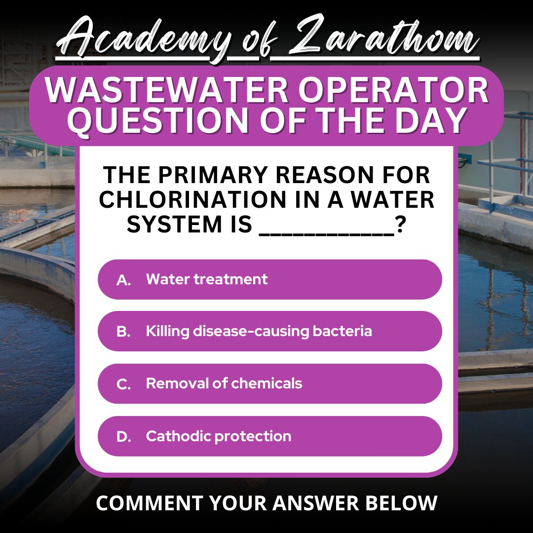 Zarathom_Online's tweet image. Wastewater Operator Question of the Day at l8r.it/uCww 

#WastewaterTraining #WaterIndustry #OperatorCertification #EarnContactHours #WaterProfessionals #WastewaterOperators #AffordableLearning #AcademyOfZarathom #OnlineTraining #UtilityWorkers #Zarathom