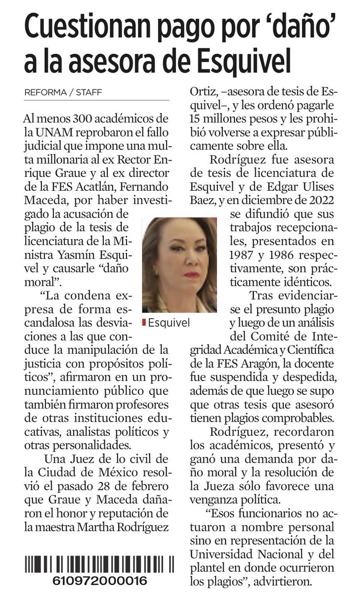 ⚠️No soy académico de la <a href="/UNAM_MX/">UNAM</a> pero sí de la <a href="/eld_oficial/">Escuela Libre de Derecho</a>. Me sumo a esta condena por el increíble fallo que impone una sentencia millonaria al exrector Enrique Graue y al Director de la FES Acatlán, Fernando Macedo, ¡por investigar! el plagio de <a href="/YasminEsquivel_/">Yasmín Esquivel Mossa</a>#NTM

<a href="/Reforma/">REFORMA</a>