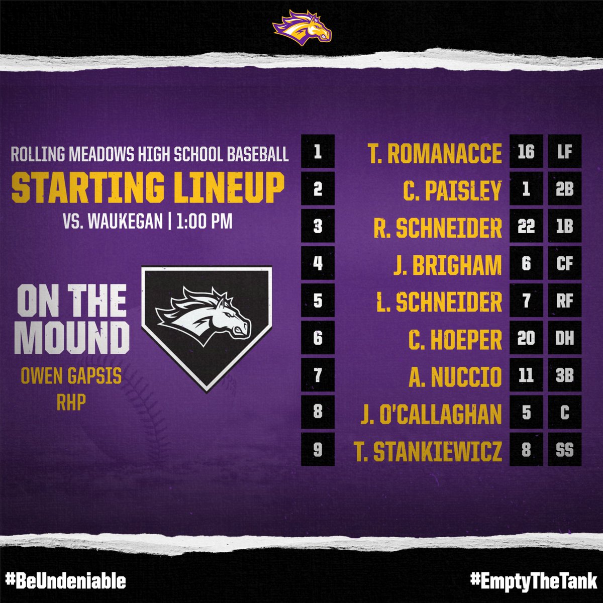 Game #5 - Mustangs starting 9 against Waukegan.
⏰ 1:00pm
📍Waukegan High School
📊 web.gc.com/teams/nDtQTuTr…
