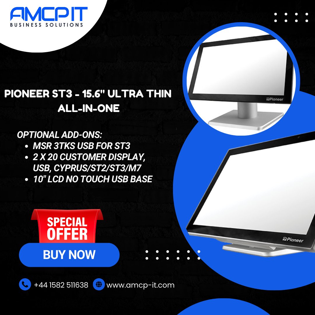 amcpitsolutions's tweet image. Sleek. Powerful. Unstoppable. Meet the Pioneer ST3 Ultra-Thin AIO – a commercial-grade 15.6″ all-in-one with a cutting-edge design that blends style &amp;amp; durability.

✅ 15.6″ HD/FHD touchscreen (spill-proof &amp;amp; IP54 rated)

✅ Intel i5 processor, up to 16GB RAM &amp;amp; 450GB SSD