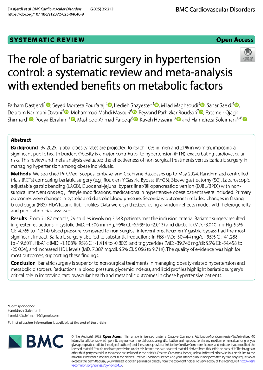 DastjerdiParham's tweet image. 🚀 Exciting news! My first-author article is out! 🎉

📊 Our meta-analysis (29 RCTs, 2,548 patients) shows bariatric surgery beats non-surgical treatments for hypertension in obesity.

🔎 Greater BP &amp;amp; metabolic improvements (HbA1c, TG, HDL), with Roux-en-Y gastric bypass leading!