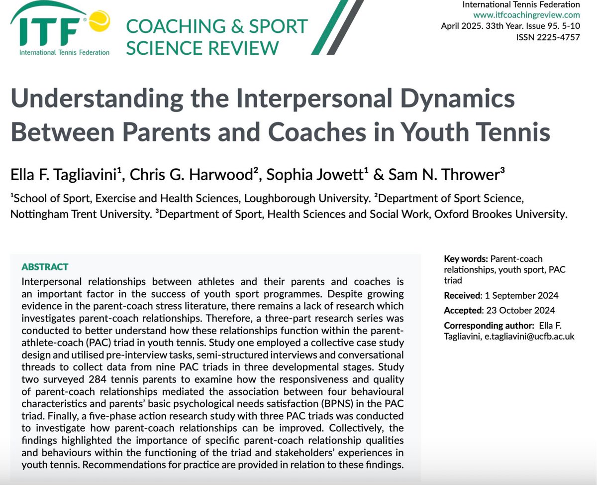 An overview of 3 studies led by <a href="/EllaTagliavini/">Dr Ella Tagliavini</a> highlights relationship, leadership, communication skills are central for the creation of unified 3-member (player, parent, coach) teams in youth tennis. It was published by the official outlet of <a href="/ITFTennis/">ITF</a> itfcoachingreview.com/index.php/jour…