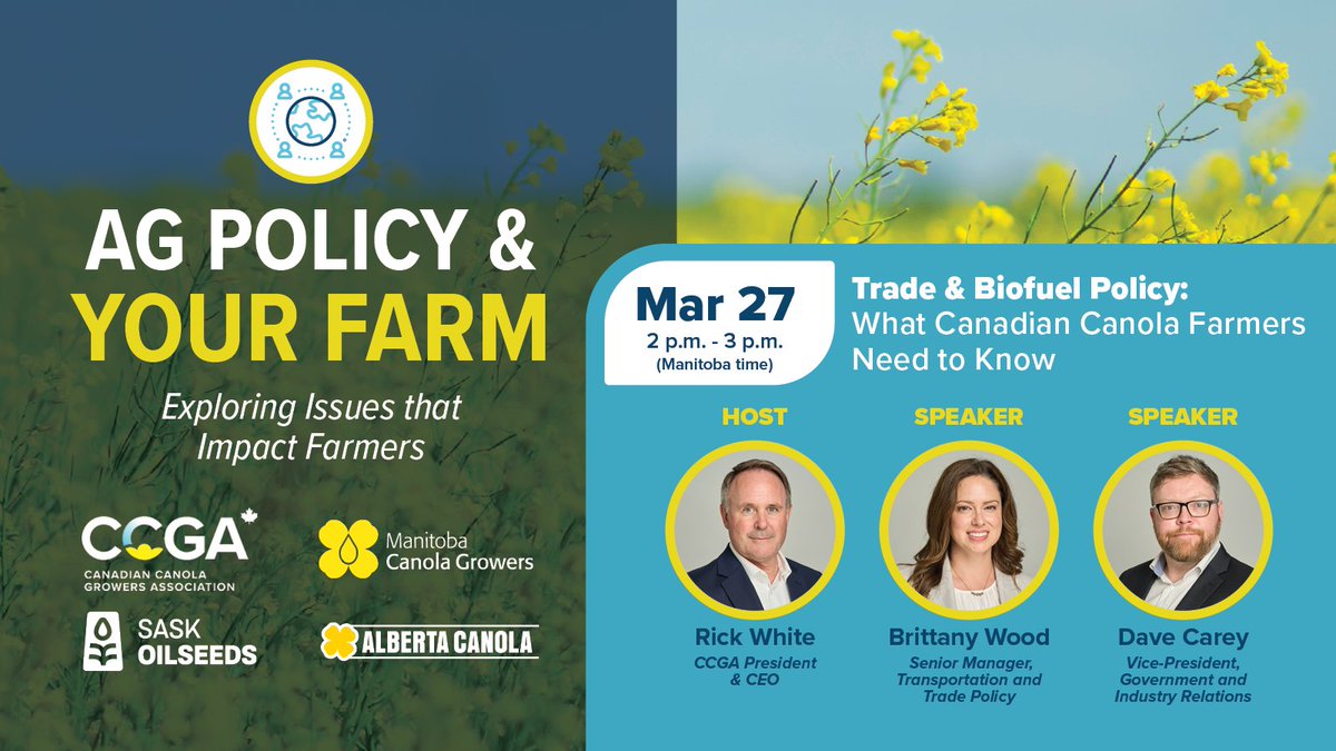 One day away! Join us for insights on recent trade policy developments and what they mean for your farm. Topics include China’s anti-dumping investigation, U.S. trade dynamics, and the shifting biofuels market.

Register today: us02web.zoom.us/webinar/regist… #CdnAg