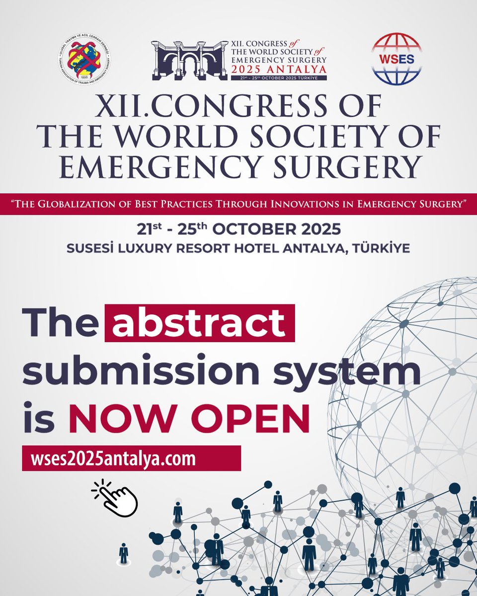 🔔 Abstract Submission is Now Open!

Submit your abstracts and become part of The 12th Congress of World Society of Emergency Surgery.

🌍 Connect, collaborate, and showcase your research to a worldwide audience.

👉🏼 Visit wses2025antalya.com to submit your abstract today!