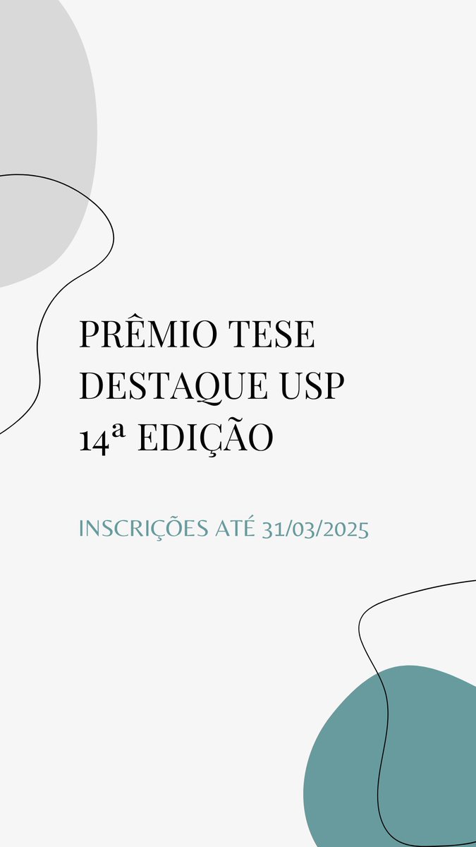 Pós-Graduação ESALQ-USP (@pg_esalq_usp) on Twitter photo Prêmio Tese Destaque USP 14ª edição
São elegíveis as teses defendidas no período de 01/01/23-31/12/24.
Edital em sites.usp.br/ppgfm/wp-conte….
Inscrições devem ser encaminhadas à Seção de Apoio à Pós-Graduação, exclusivamente através do email sapg.esalq@usp.br, até 31/03/25. Prêmio Tese Destaque USP 14ª edição
São elegíveis as teses defendidas no período de 01/01/23-31/12/24.
Edital em sites.usp.br/ppgfm/wp-conte….
Inscrições devem ser encaminhadas à Seção de Apoio à Pós-Graduação, exclusivamente através do email sapg.esalq@usp.br, até 31/03/25.