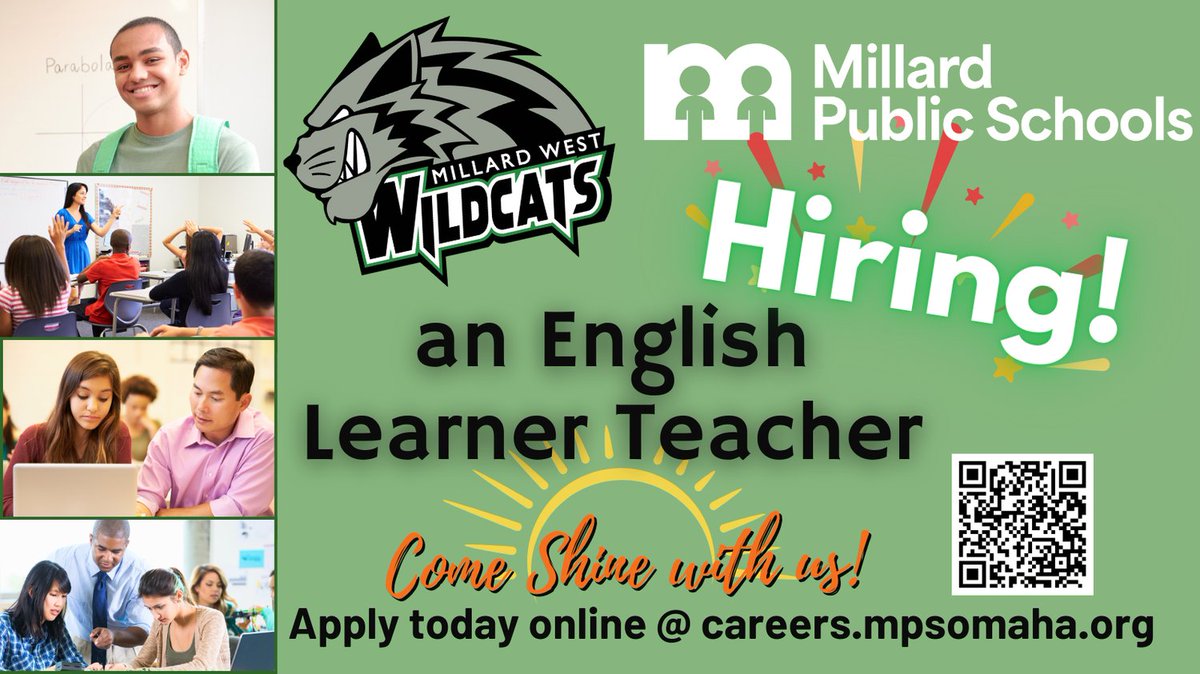 MPSHR's tweet image. 🌟 Join Our Wildcat Team as an English Learner Teacher at Millard West! 🌟 If you have a heart for education and a passion for helping students succeed, we’d love to have you on our team! 📍 Apply today and help us make a difference! #SHINEwithMPS #WildcatPower @MWHSWildcats