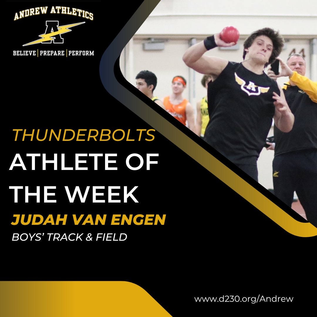 Andrew Athletics (@vjabolts) on Twitter photo The Andrew Athlete of the Week is Judah Van Engen of <a href="/BoltsTrack/">Bolts Track</a>
Judah won the SWSC Indoor Shot Put with a personal best of 16.28m (53-5) winning by over 6 feet
His rank is in the Top 20 in 3A
Judah has shown tremendous leadership for our young throwers year
Congrats Judah! The Andrew Athlete of the Week is Judah Van Engen of <a href="/BoltsTrack/">Bolts Track</a>
Judah won the SWSC Indoor Shot Put with a personal best of 16.28m (53-5) winning by over 6 feet
His rank is in the Top 20 in 3A
Judah has shown tremendous leadership for our young throwers year
Congrats Judah!