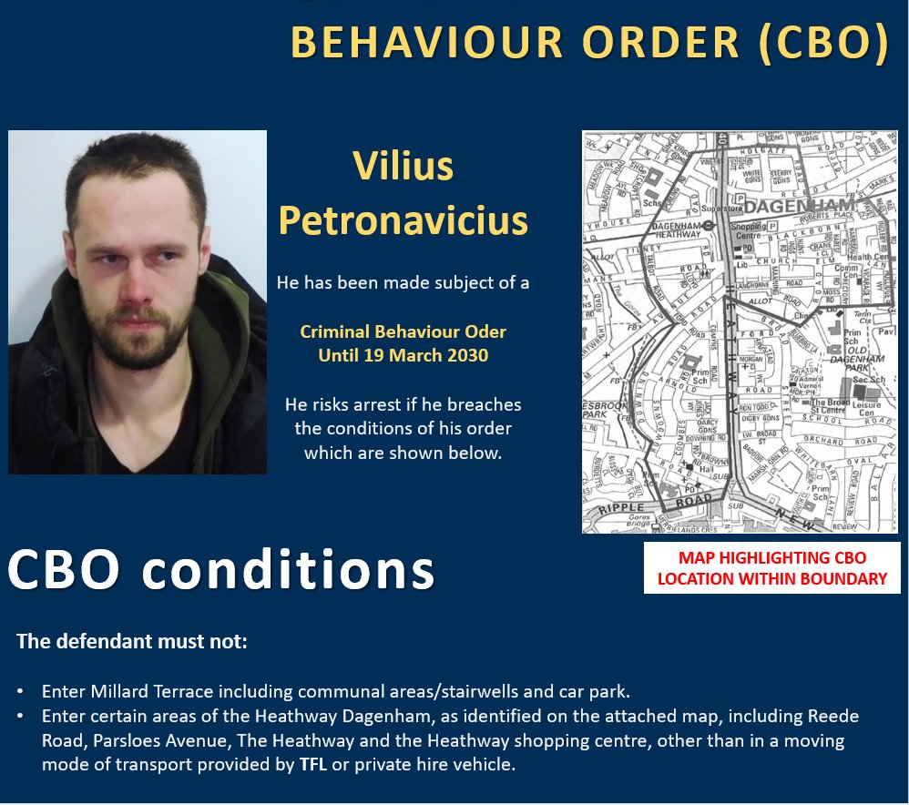 Barking & Dagenham MPS (@mpsbarkdag) on Twitter photo Vilius Petronavicius, 29 from Havering was issued a #CBO on 25 March 2025 at Romford Magistrates court, which will remain in place for 5 years. His behaviour included theft, ASB & drug taking in Millard Terrace, Dagenham.
<a href="/mpsdagheathway/">@MPSDagHeathway</a>
<a href="/HaveringDaily/">The Havering Daily</a>
<a href="/RomfordRecorder/">Romford Recorder</a>
<a href="/BDPost/">The Barking and Dagenham Post</a> Vilius Petronavicius, 29 from Havering was issued a #CBO on 25 March 2025 at Romford Magistrates court, which will remain in place for 5 years. His behaviour included theft, ASB & drug taking in Millard Terrace, Dagenham.
<a href="/mpsdagheathway/">@MPSDagHeathway</a>
<a href="/HaveringDaily/">The Havering Daily</a>
<a href="/RomfordRecorder/">Romford Recorder</a>
<a href="/BDPost/">The Barking and Dagenham Post</a>