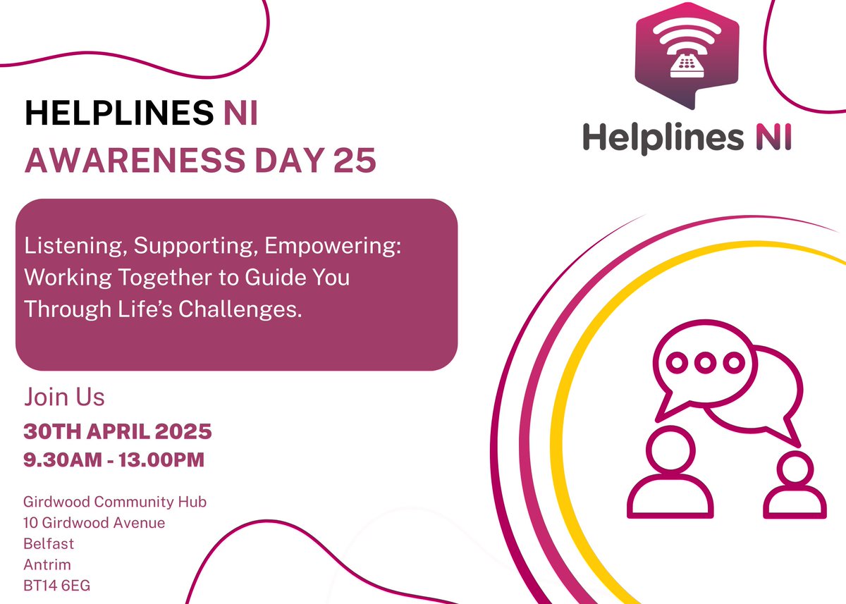 📣 It’s Helplines NI Awareness Day on 30th April!
Join us to explore the power of Helplines in supporting mental health and emotional wellbeing 💚
Register now to reserve your place - eventbrite.co.uk/e/127034621271…
#HelplinesNI #MentalHealthMatters #YouAreNotAlone