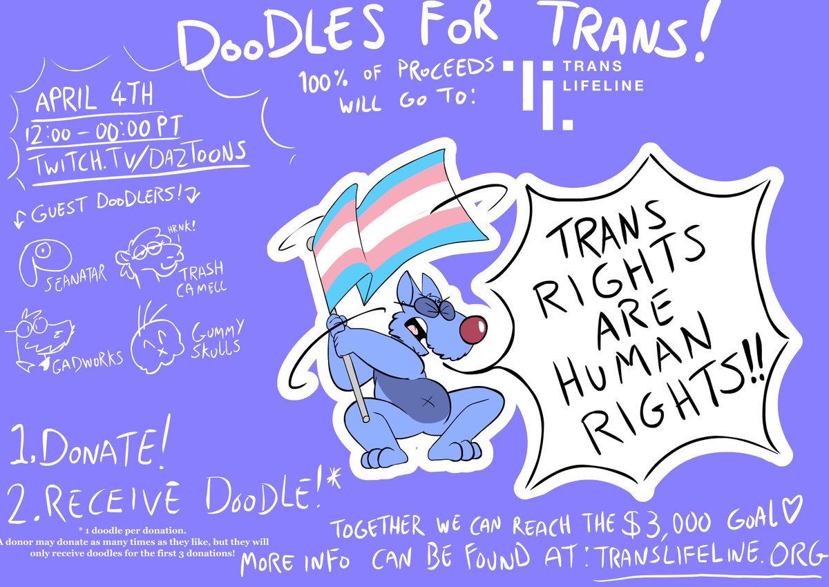 daztoons's tweet image. Join me , @TrashCamell @GabeDelArt @Gummy_Skulls and @Seanatar  on Friday, April 04, 2025 12:00 PM - MIDNIGHT PST
Bring your friends, bring your partners, bring your families, bring your wallets!! 
We're raising money for Transline! 
More info in the pic  &amp;lt;3
Links in the reply!