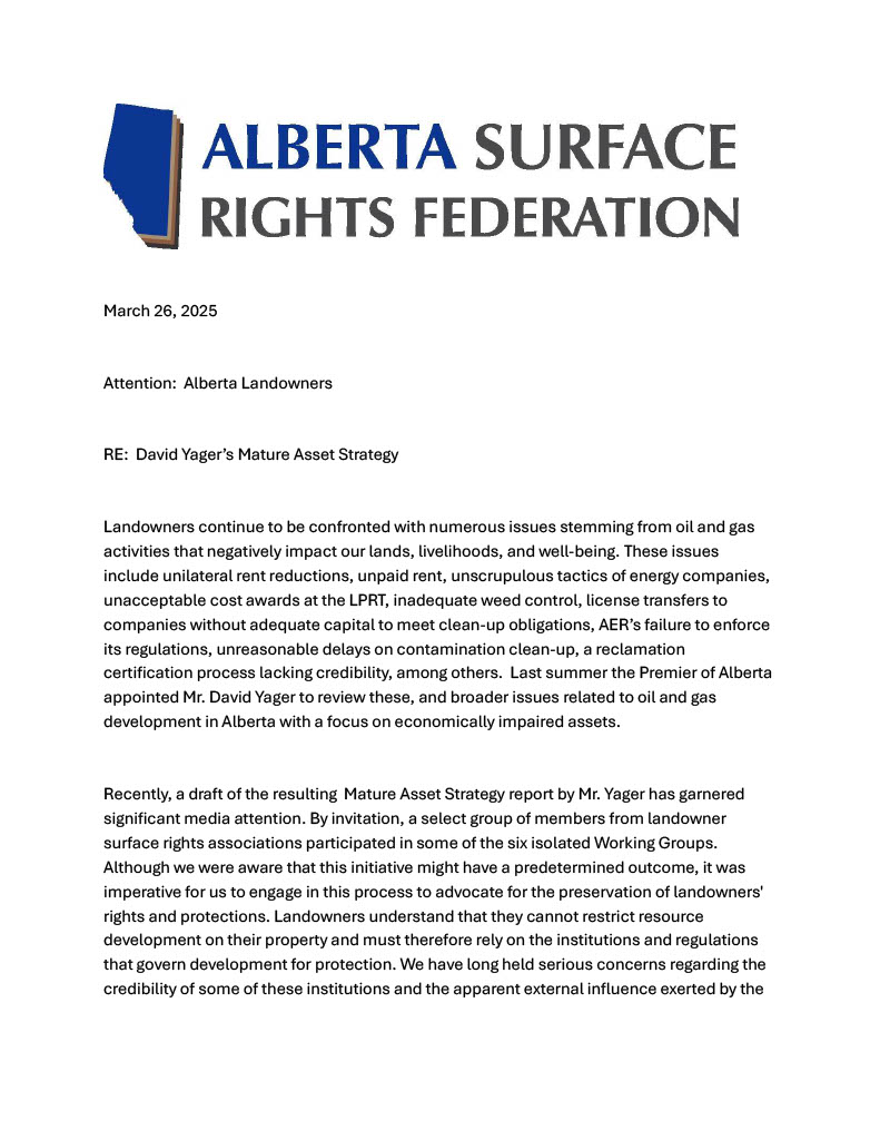 ABSurfaceRights's tweet image. This letter to Alberta landowners is the Alberta Surface Rights Federation's response to Mr. Yager's Mature Asset Strategy report.   Please read and forward to any landowners, taxpayers, and concerned Albertans.

@ABDanielleSmith @BrianJeanAB @DavidLYager @RjSigurdson @RicMcIver
