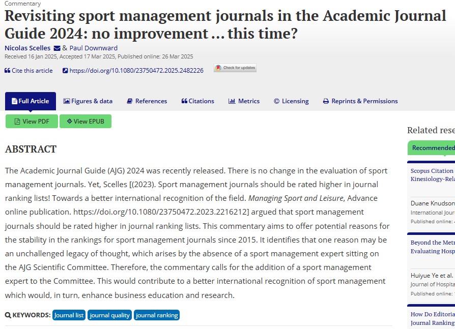 Sport Policy Unit - MMU (@spu_mmu) on Twitter photo Dr Nicolas Scelles (<a href="/Scenic82/">Nicolas Scelles</a>) and his co-author (Dr Paul Downward) have a manuscript titled, "Revisiting sport management journals in the Academic Journal Guide 2024: no improvementāā¦āthis time?" in the Managing Sport and Leisure.
Link to full paper: tandfonline.com/doi/full/10.10⦠Dr Nicolas Scelles (<a href="/Scenic82/">Nicolas Scelles</a>) and his co-author (Dr Paul Downward) have a manuscript titled, "Revisiting sport management journals in the Academic Journal Guide 2024: no improvementāā¦āthis time?" in the Managing Sport and Leisure.
Link to full paper: tandfonline.com/doi/full/10.10ā¦