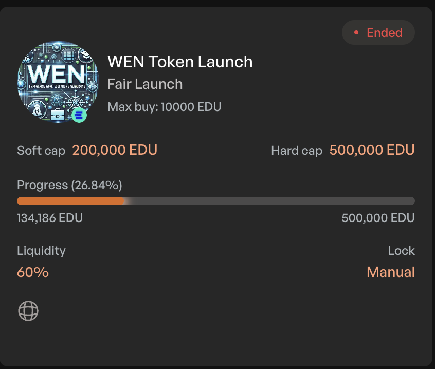 🚨 WEN Token Launch Refund Notice!

The WEN Token Fair Launch did not meet its soft cap of 200,000 EDU, raising 134,186 EDU. As a result, a refund has been triggered.

Participants can now claim their EDU tokens back:
app.thrustpad.finance/fair-launch/67…

Explore other ongoing Fair Launches🚀