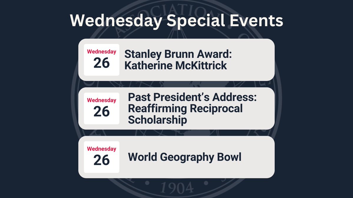 Today's special events:
#AAG2025 Stanley Brunn Award: Katherine McKittrick
Time: 10:10 AM - 11:30 AM (hybrid) 

AAG Past President’s Address: Reaffirming Reciprocal Scholarship
Time: 11:40 AM - 12:40 PM (hybrid)  

World Geography Bowl
Time: 6:00 PM - 9:00 PM (in person)