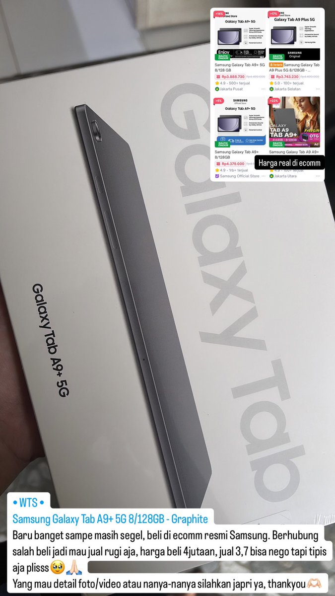 sofienurlaily's tweet photo. @zeevreya @ezash Aku kak, masih segel masih baru bgt Samsung Galaxy Tab A9+ 5G warna Graphite, buka harga 3,3juta (bisa nego tipis). Bisa langsung COD daerah Palmerah, Jakarta Barat atau daerah lain silahkan dm ya ka✨ https://t.co/j66i18XfWG
