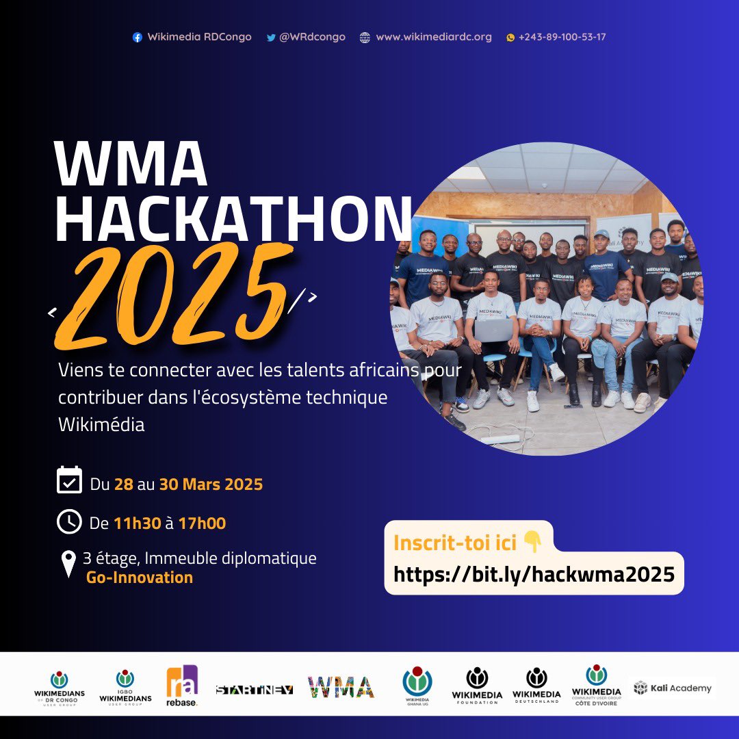 WMA Hackathon 2025 arrive à grands pas ! 
Es-tu passionné·e par la tech et Wikimedia ?

Rejoins-nous et profitez de te connecter avec les talents africains pour contribuer à l'écosystème technique Wikimedia

Date : 28 - 30/03
Heure : 11h30
Inscription : bit.ly/hackwma2025