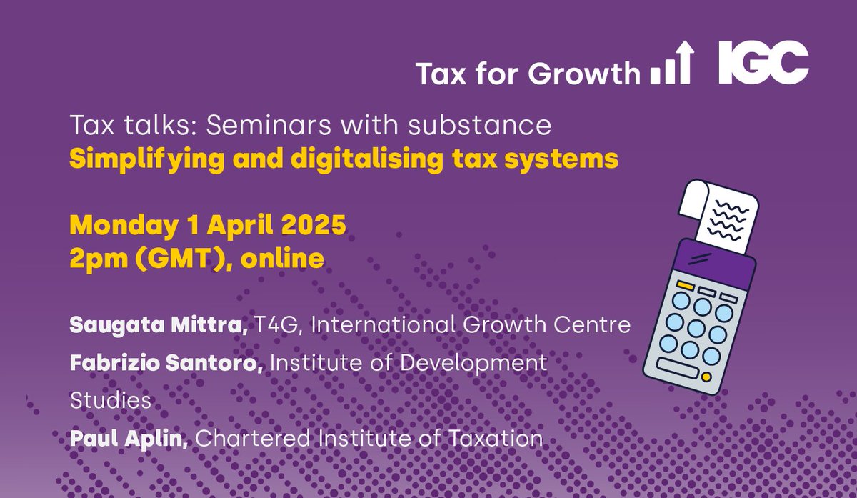 International Growth Centre (@the_igc) on Twitter photo ๐ก#Tax digitalisation isnโt just about automation - itโs about smarter tax systems.
How can better use of tax data improve compliance & enforcement? Join <a href="/Tax4Growth/">IGC Tax for Growth</a>, <a href="/ICTDTax/">International Centre for Tax and Development</a> & <a href="/CIOTNews/">CIOT</a> experts on 1 April to explore the future of #digitaltax.
๐theigc.org/events/tax-talโฆ ๐ก#Tax digitalisation isnโt just about automation - itโs about smarter tax systems.
How can better use of tax data improve compliance & enforcement? Join <a href="/Tax4Growth/">IGC Tax for Growth</a>, <a href="/ICTDTax/">International Centre for Tax and Development</a> & <a href="/CIOTNews/">CIOT</a> experts on 1 April to explore the future of #digitaltax.
๐theigc.org/events/tax-talโฆ