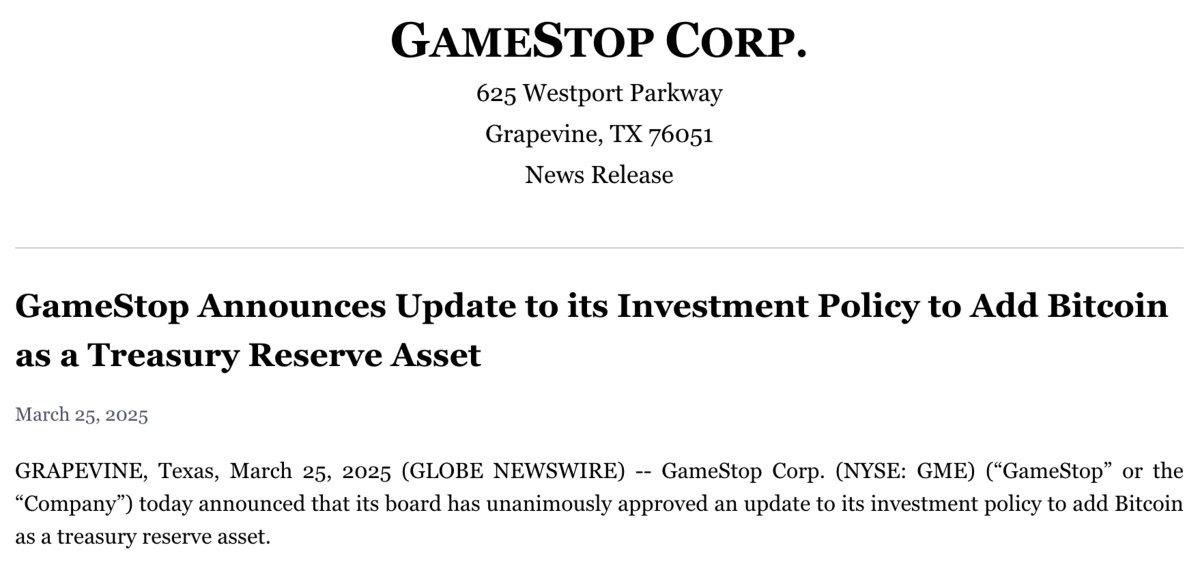 GameStop the next Strategy? 

GME is already up by more than 14% 🔥 Its not clear yet  how many Bitcoin they want to buy, but their balance sheet would allow them to max out to 55.000 Bitcoin! 

industryleadersmagazine.com/gamestop-bitco…