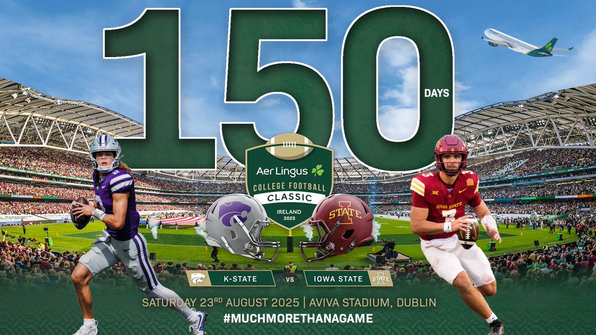 Aer Lingus College Football Classic (@cfbireland) on Twitter photo 150 Days To Go to the 2025 <a href="/AerLingus/">Aer Lingus</a> College Football Classic 🏈☘️
Don’t miss out on you chance to be at the first @big12conference game ever held in Ireland 🇮🇪
Tickets available from the link in our bio 🔗
#MuchMoreThanAGame | #TouchdownDublin | #TouchdownIreland 150 Days To Go to the 2025 <a href="/AerLingus/">Aer Lingus</a> College Football Classic 🏈☘️
Don’t miss out on you chance to be at the first @big12conference game ever held in Ireland 🇮🇪
Tickets available from the link in our bio 🔗
#MuchMoreThanAGame | #TouchdownDublin | #TouchdownIreland
