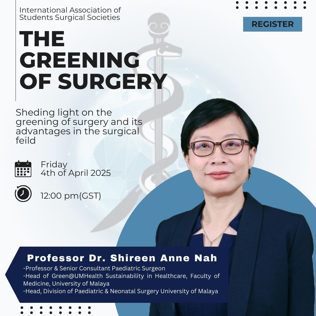 Ready to revolutionize surgery with sustainability? 🌍✨ Join us as Prof. Dr. Shireen Anne Nah shares her expertise on the Greening of Surgery

📅 4th April 2025 | 12 PM GST
Link: iasss.org/2025/03/17/the…

Don’t miss out! 💚♻️ #SustainableSurgery #GreeningHealthcare