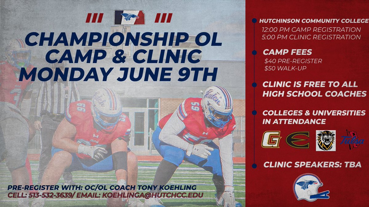 Tony Koehling (@coachk_hutchfb) on Twitter photo ๐จ๐จATTENTION ALL OFFENSIVE LINEMAN & OL COACHES๐จ๐จ
๐๏ธ MARK IT DOWN โก๏ธ JUNE 9th
๐CHAMPIONSHIP OL CAMP/CLINIC
โฆ๏ธTHIS CAMP WILL BE EMPHASIZED ON OL PLAY & INSTRUCTION - NOT A RECRUITING CIRCUS!! COME GET COACHED UP BY 10+ COLLEGE/HIGH SCHOOL OL COACHES FROM KS & OK
๐นRSVP NOW ๐จ๐จATTENTION ALL OFFENSIVE LINEMAN & OL COACHES๐จ๐จ
๐๏ธ MARK IT DOWN โก๏ธ JUNE 9th
๐CHAMPIONSHIP OL CAMP/CLINIC
โฆ๏ธTHIS CAMP WILL BE EMPHASIZED ON OL PLAY & INSTRUCTION - NOT A RECRUITING CIRCUS!! COME GET COACHED UP BY 10+ COLLEGE/HIGH SCHOOL OL COACHES FROM KS & OK
๐นRSVP NOW