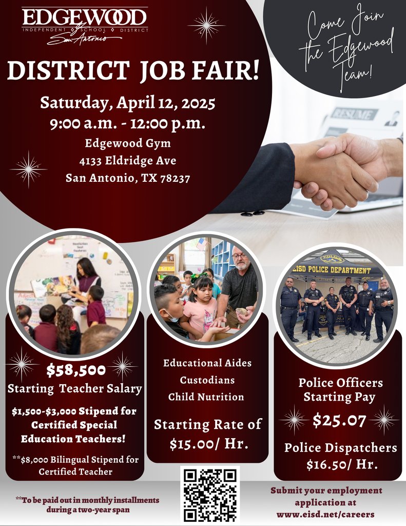 Edgewood ISD is looking for people who are passionate about making a difference in the lives of students!  Join us for the EISD Job Fair to discover exciting opportunities  in and out of the classroom.  Come find out why many educators are saying #IChooseEdgewood