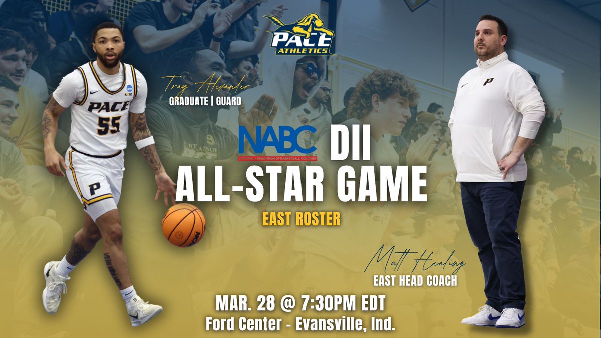 Pace Athletics (@paceuathletics) on Twitter photo <a href="/PaceMBB/">Pace Men's BBALL</a> Tray Alexander and Head Coach, Matt Healing, are heading to Evansville, Ind. for the NABC All-Star Game!!!
Healing will be at the helm of the East All-Star Roster as head coach🫡
Game is scheduled for Friday, March 28, at 7:30PM EDT (6:30pm CT)! <a href="/PaceMBB/">Pace Men's BBALL</a> Tray Alexander and Head Coach, Matt Healing, are heading to Evansville, Ind. for the NABC All-Star Game!!!
Healing will be at the helm of the East All-Star Roster as head coach🫡
Game is scheduled for Friday, March 28, at 7:30PM EDT (6:30pm CT)!