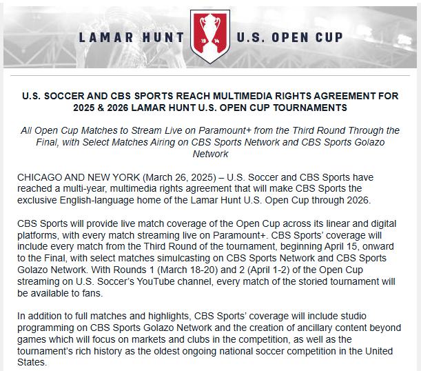 benwright's tweet photo. US Soccer and CBS have reached a deal to stream live coverage of the US Open Cup through 2026.

All matches starting in the Third Round will air on Paramount+, with full studio programing on the Golazo Network. Great move to give the tournament more legitimate TV coverage. https://t.co/H03haUEAPI