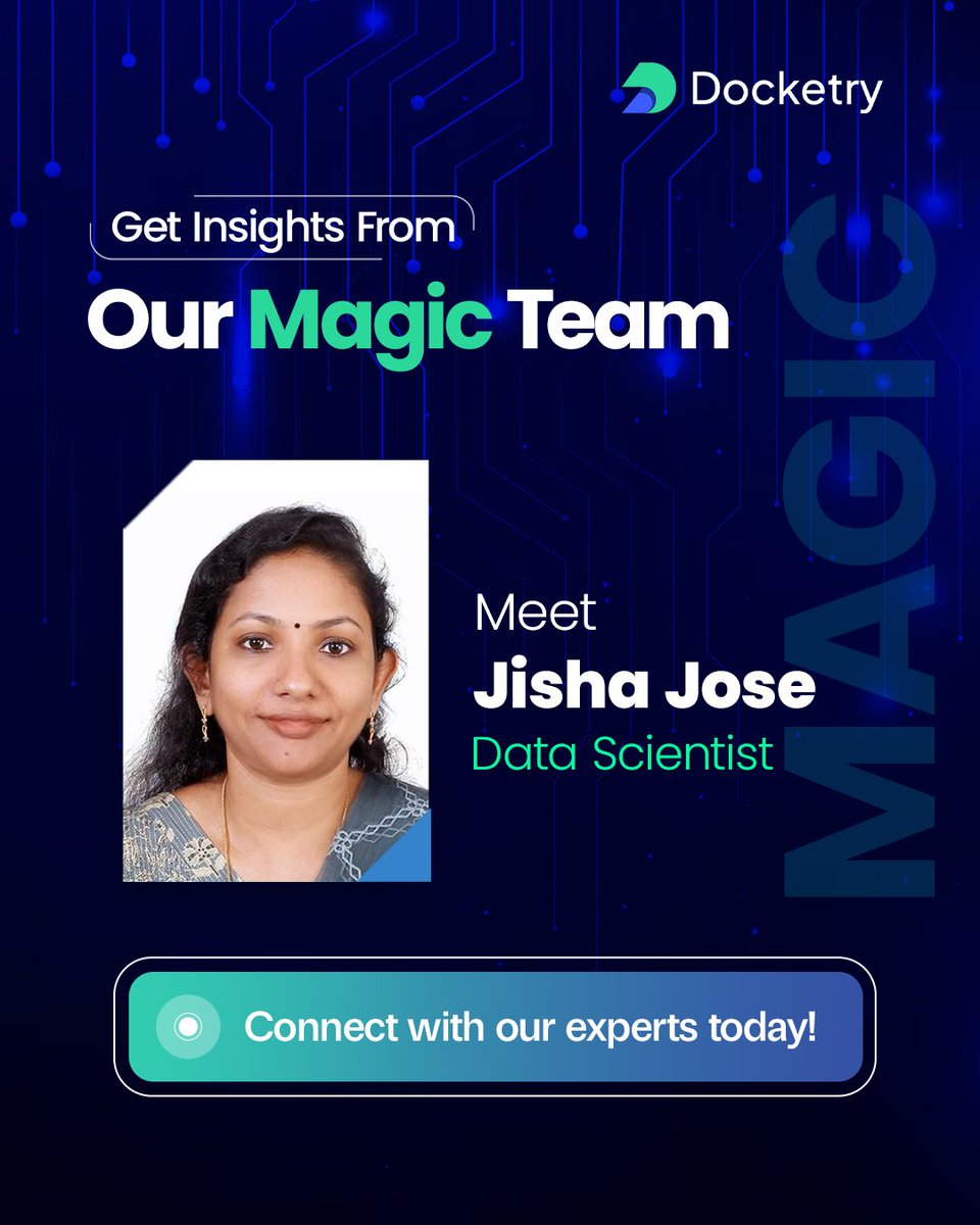 DocketryAi's tweet image. Make it Happen with Docketry!

Meet Jisha Jose, our Data Scientist expert in PDF Table Extraction, LLM Reasoning, GPT Fine-Tuning, RAG, FastAPI, Docker &amp;amp; NLP. 

Who should we feature next? 

#AIExperts #Nuvento #Docketry #DataScience