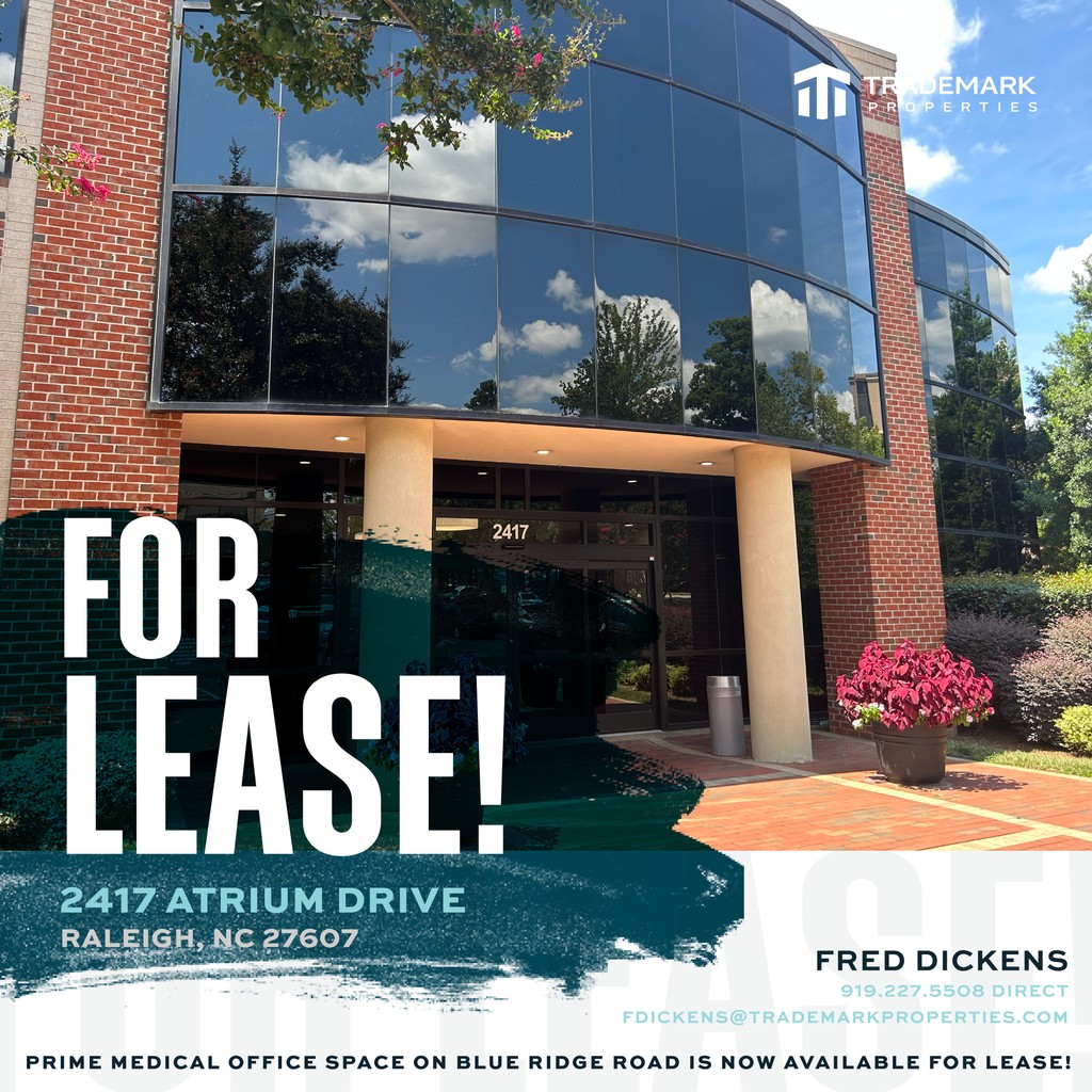 TradeMarkPropNC's tweet photo. Prime medical office space on Blue Ridge Road is now available for lease! ⁠
⁠2417 Atrium Drive has 7,943 SF of Class A medical space. To learn more, contact Fred Dickens, SVP, at fdickens@trademarkproperties.com or visit our property details page. https://t.co/asNFRyMTKm https://t.co/oAAHWJsQue