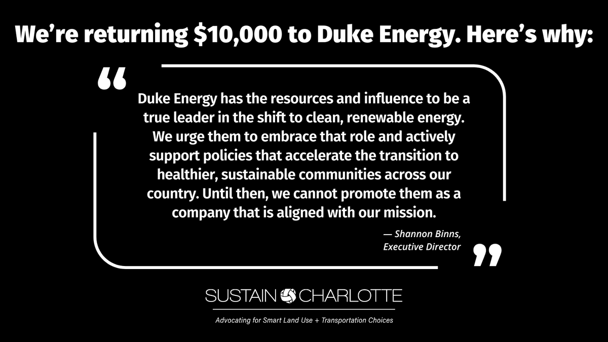 🚨 We're returning $10K from Duke Energy after they pushed to weaken climate &amp; clean air protections. We believe they can lead the clean energy transition—but they must step up. We need your support to keep pushing for a more sustainable future. bit.ly/DukeStatement