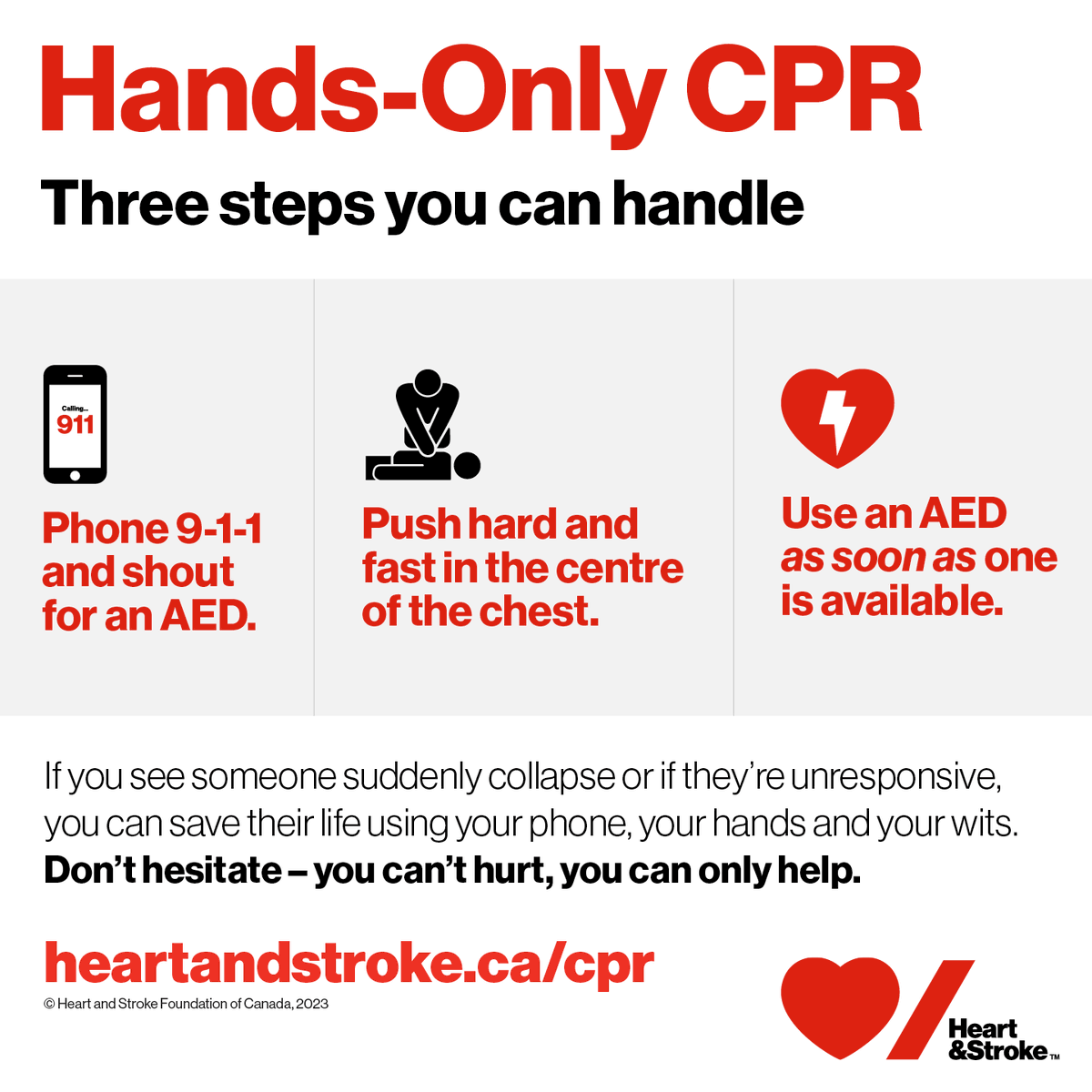 Cardiac arrest can strike anyone, anywhere, at any age, without warning. 60,000 cardiac arrests happen each year in Canada. 
Learn #CPR and how to use an #AED: bit.ly/407G7v7.
#BeatCardiacArrest