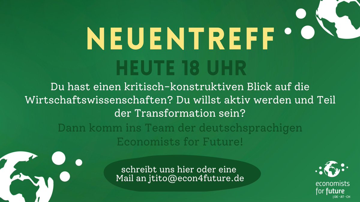 Interesse an #econ4future? Kommt heute um 18 Uhr zu unserem Neuentreff! Schreibt uns einfach hier oder eine Mail. Wir freuen uns auf Euch!