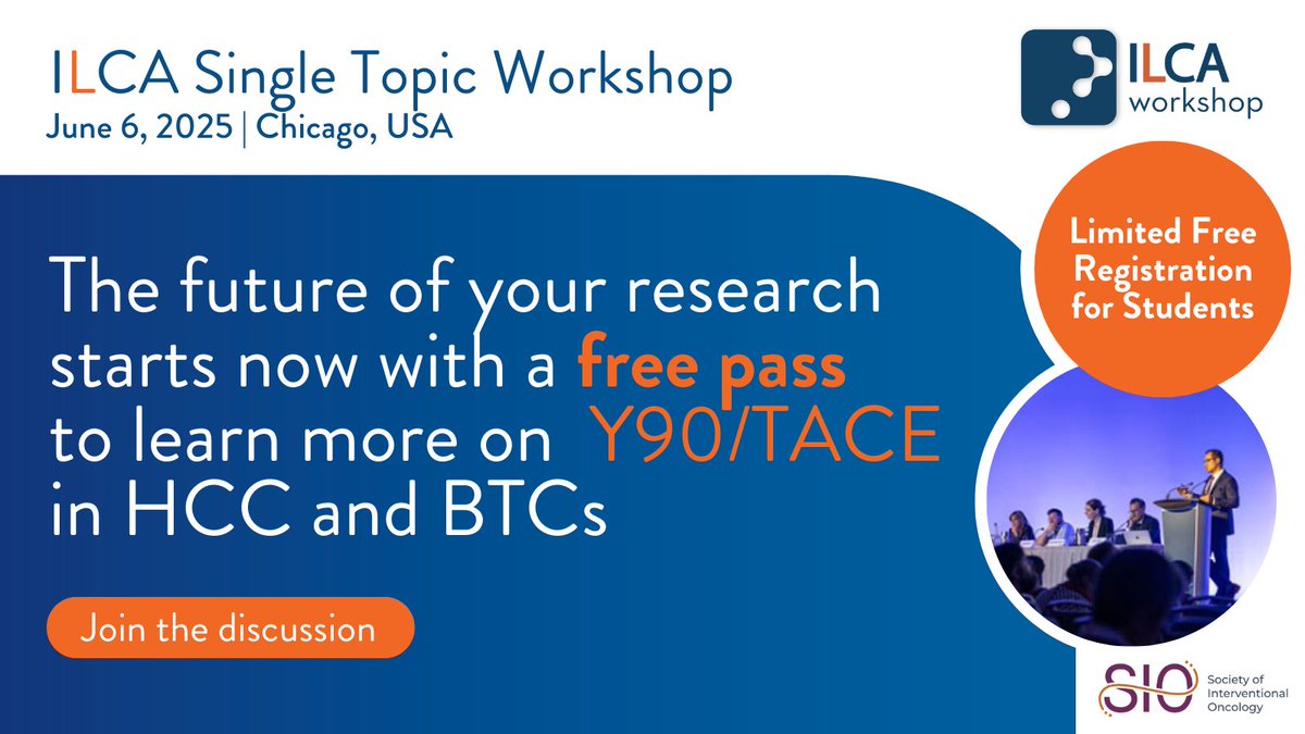 ILCA (@ilcanews) on Twitter photo Limited FREE spots for the ILCA #STW25 on June 6 in Chicago🚨
Students, undergraduates, trainees and PhD students, this is your chance to advance your #research on Y90 and #TACE in #HCC & #BTCs.
🔎ilcalive.org/single-topic-w…
👉Application: send student ID to events@ilca-online.org Limited FREE spots for the ILCA #STW25 on June 6 in Chicago🚨
Students, undergraduates, trainees and PhD students, this is your chance to advance your #research on Y90 and #TACE in #HCC & #BTCs.
🔎ilcalive.org/single-topic-w…
👉Application: send student ID to events@ilca-online.org