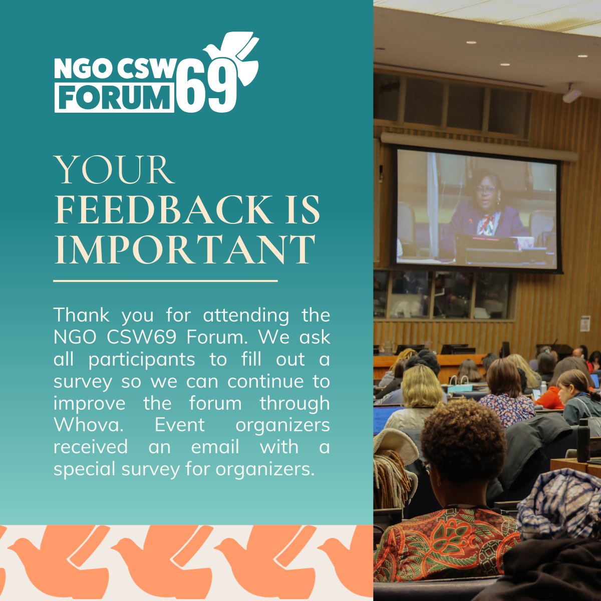 Thank you for joining the NGO CSW69 Forum! ❤️

In the upcoming weeks, we will evaluate this year’s forum to ensure we can continue to improve our work.  We ask all participants and event organizers to fill out a short survey!

#NGOCSW69 #Beijing30 #CSW69 #ThankYou #linkinbio
