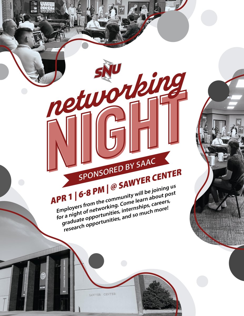 SNU Athletics (@snuathletics) on Twitter photo ๐๐จ๐ฎ ๐๐จ๐ง'๐ญ ๐๐๐ง๐ญ ๐๐จ ๐๐ข๐ฌ๐ฌ ๐๐ก๐ข๐ฌ ๐
Join SNU SAAC for ๐๐๐ญ๐ฐ๐จ๐ซ๐ค๐ข๐ง๐ ๐๐ข๐ ๐ก๐ญ on ๐๐ฉ๐ซ๐ข๐ฅ ๐ from ๐-๐ ๐๐ in the Sawyer Center! Come meet and connect with employers around the area to learn about career and internship opportunities!
#BoltsUpโก๏ธ ๐๐จ๐ฎ ๐๐จ๐ง'๐ญ ๐๐๐ง๐ญ ๐๐จ ๐๐ข๐ฌ๐ฌ ๐๐ก๐ข๐ฌ ๐
Join SNU SAAC for ๐๐๐ญ๐ฐ๐จ๐ซ๐ค๐ข๐ง๐ ๐๐ข๐ ๐ก๐ญ on ๐๐ฉ๐ซ๐ข๐ฅ ๐ from ๐-๐ ๐๐ in the Sawyer Center! Come meet and connect with employers around the area to learn about career and internship opportunities!
#BoltsUpโก๏ธ